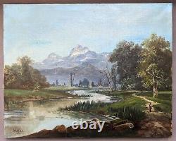 Ancient oil painting on canvas, Barbizon School 18th century signed NANJAC