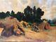 Ancient Oil Painting On Canvas: Old Landscape, Hay, Fields