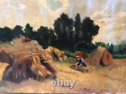 Ancient oil painting on canvas: Old landscape, hay, fields