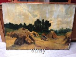 Ancient oil painting on canvas: Old landscape, hay, fields