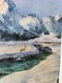 Ancient oil painting on canvas, snow landscape