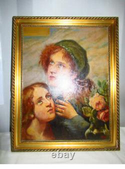 Ancient oil painting on wood - Gilded wooden frame - Women praying - Religion