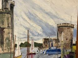 Ancient painting by Pierre MONETEAU, oil on panel, Port of La Rochelle, signed