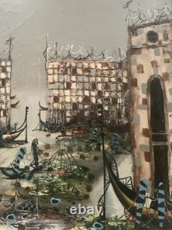 Ancient painting of a landscape with a canal in Venice and a gondola by J. RAITO, dlg Jean Calogero