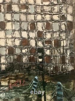 Ancient painting of a landscape with a canal in Venice and a gondola by J. RAITO, dlg Jean Calogero