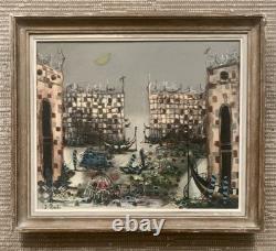 Ancient painting of a landscape with a canal in Venice and a gondola by J. RAITO, dlg Jean Calogero