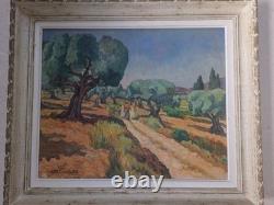Ancient painting oil on canvas Provence landscape Paths in the olive trees