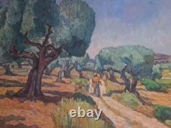 Ancient painting oil on canvas Provence landscape Paths in the olive trees
