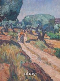 Ancient painting oil on canvas Provence landscape Paths in the olive trees