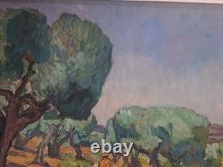 Ancient painting oil on canvas Provence landscape Paths in the olive trees Ancient painting oil on canvas Provence landscape Paths in the olive trees