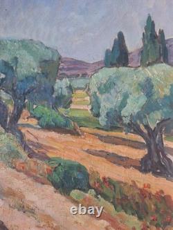 Ancient painting oil on canvas Provence landscape Paths in the olive trees