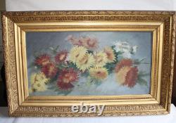 Ancient painting, oil on canvas, bouquet of daisies, golden frame