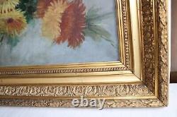 Ancient painting, oil on canvas, bouquet of daisies, golden frame