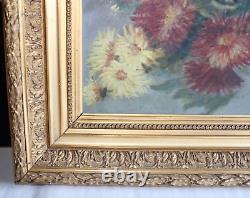 Ancient painting, oil on canvas, bouquet of daisies, golden frame