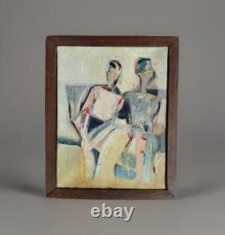 Ancient painting oil on canvas genre scene silhouettes portrait couple cubic