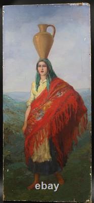 Ancient painting oil on canvas water carrier with a red shawl Portugal