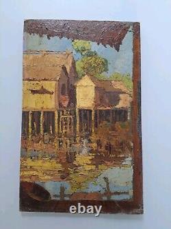 Ancient painting oil on panel Provence landscape architecture. Signed painting