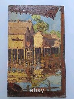 Ancient painting oil on panel Provence landscape architecture. Signed painting
