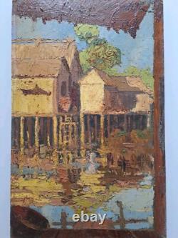 Ancient painting oil on panel Provence landscape architecture. Signed painting