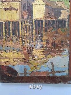 Ancient painting oil on panel Provence landscape architecture. Signed painting