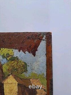Ancient painting oil on panel Provence landscape architecture. Signed painting