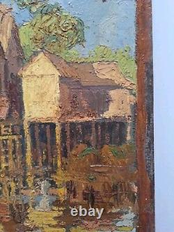 Ancient painting oil on panel Provence landscape architecture. Signed painting