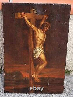 Ancient painting signed 'Christ on the Cross' Oil painting on wood panel