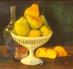 Ancient painting signed Coupe de Poires. Oil on canvas.