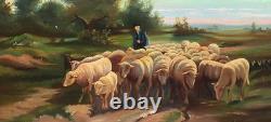 Ancient painting signed E. P. Berger and his Herd. Oil painting on canvas. A