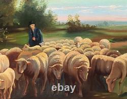 Ancient painting signed E. P. Berger and his Herd. Oil painting on canvas. A