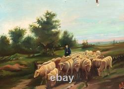 Ancient painting signed E. P. Berger and his Herd. Oil painting on canvas. A
