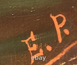 Ancient painting signed E. P. Berger and his Herd. Oil painting on canvas. A