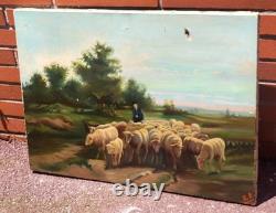 Ancient painting signed E. P. Berger and his Herd. Oil painting on canvas. A