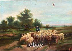 Ancient painting signed E. P. Berger and his Herd. Oil painting on canvas. A