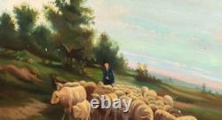 Ancient painting signed E. P. Berger and his Herd. Oil painting on canvas. A