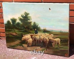 Ancient painting signed E. P. Berger and his Herd. Oil painting on canvas. A