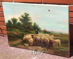 Ancient painting signed E. P. Berger and his Herd. Oil painting on canvas. A