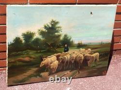 Ancient painting signed E. P. Berger and his Herd. Oil painting on canvas. A