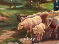 Ancient painting signed E. P. Berger and his Herd. Oil painting on canvas. A