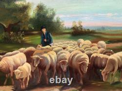 Ancient painting signed E. P. Berger and his Herd. Oil painting on canvas. A