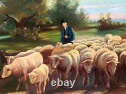 Ancient painting signed E. P. Berger and his Herd. Oil painting on canvas. A