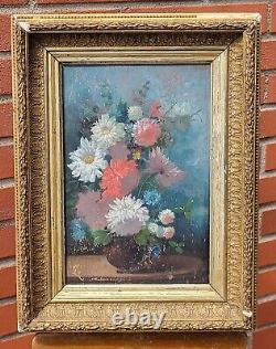 Ancient signed painting. Bouquet of Flowers. Oil painting on wood panel