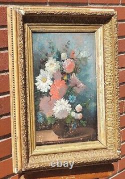 Ancient signed painting. Bouquet of Flowers. Oil painting on wood panel
