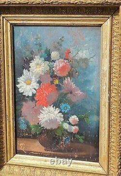Ancient signed painting. Bouquet of Flowers. Oil painting on wood panel