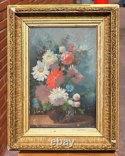 Ancient signed painting. Bouquet of Flowers. Oil painting on wood panel