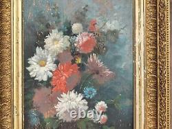 Ancient signed painting. Bouquet of Flowers. Oil painting on wood panel