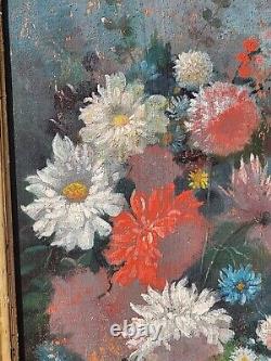 Ancient signed painting. Bouquet of Flowers. Oil painting on wood panel