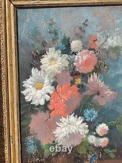 Ancient signed painting. Bouquet of Flowers. Oil painting on wood panel