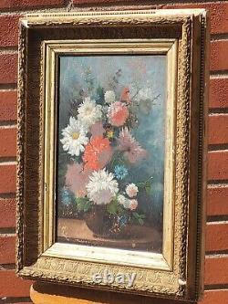 Ancient signed painting. Bouquet of Flowers. Oil painting on wood panel