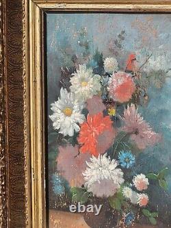 Ancient signed painting. Bouquet of Flowers. Oil painting on wood panel
